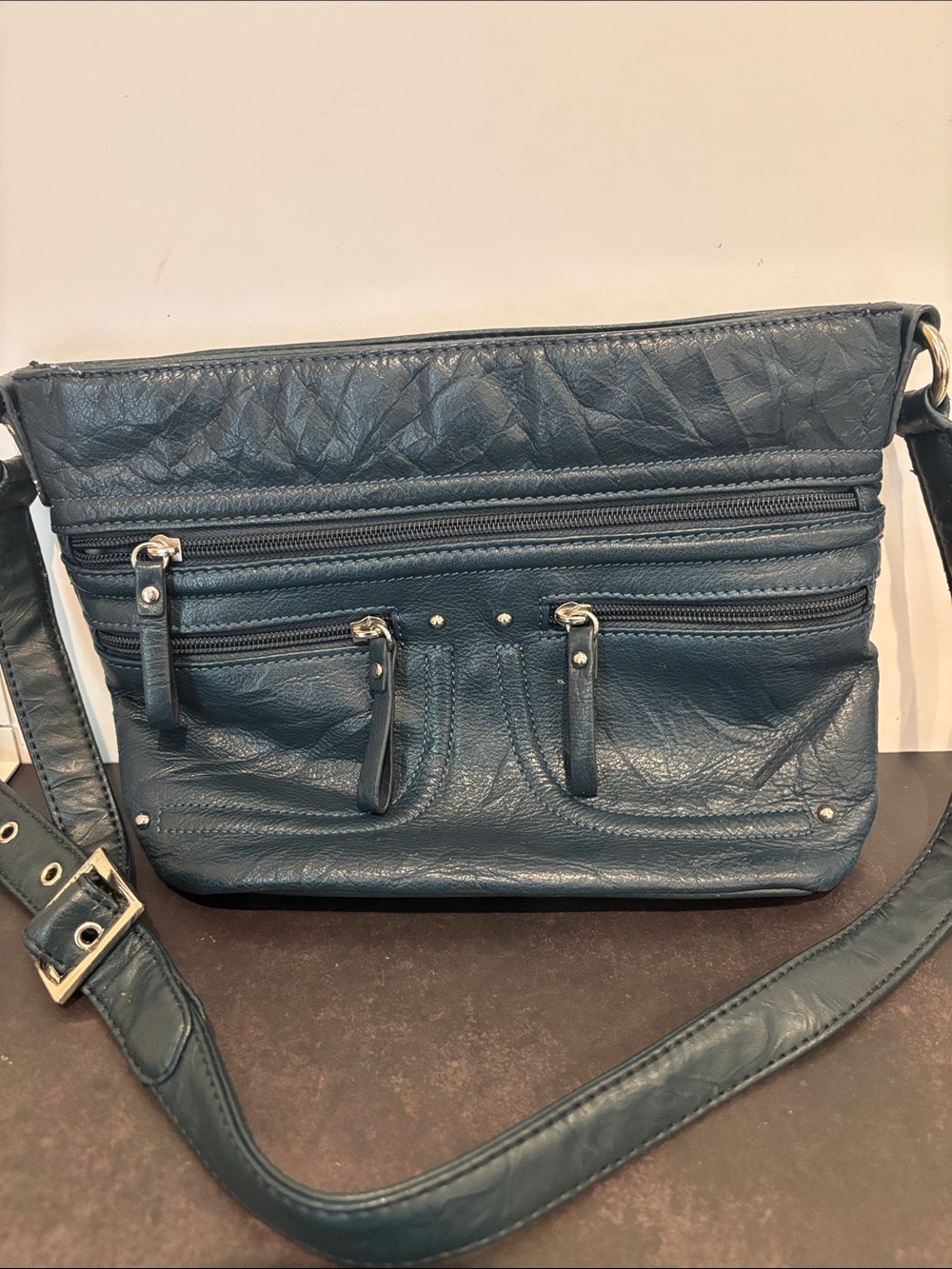 Stone & Co. Blue Leather Crossbody Hobo Bag Multi Zip Organizer Pocket
